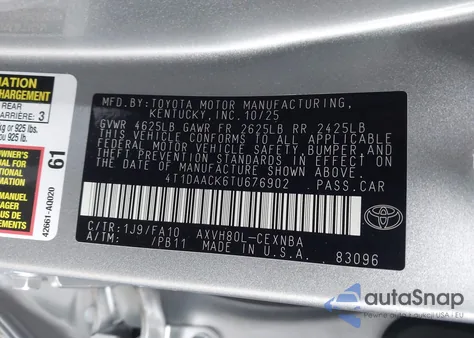 2026 Toyota Camry Le z USA, uszkodzony, nr VIN 4T1DAACK6TU676902